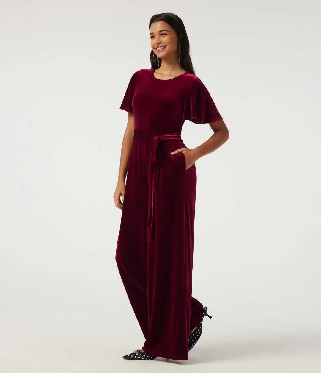 Rund hals volang kortärmad nyckelhålsrygg knytning fram sammet fest jumpsuit med fickor -Easy Peezy Edition