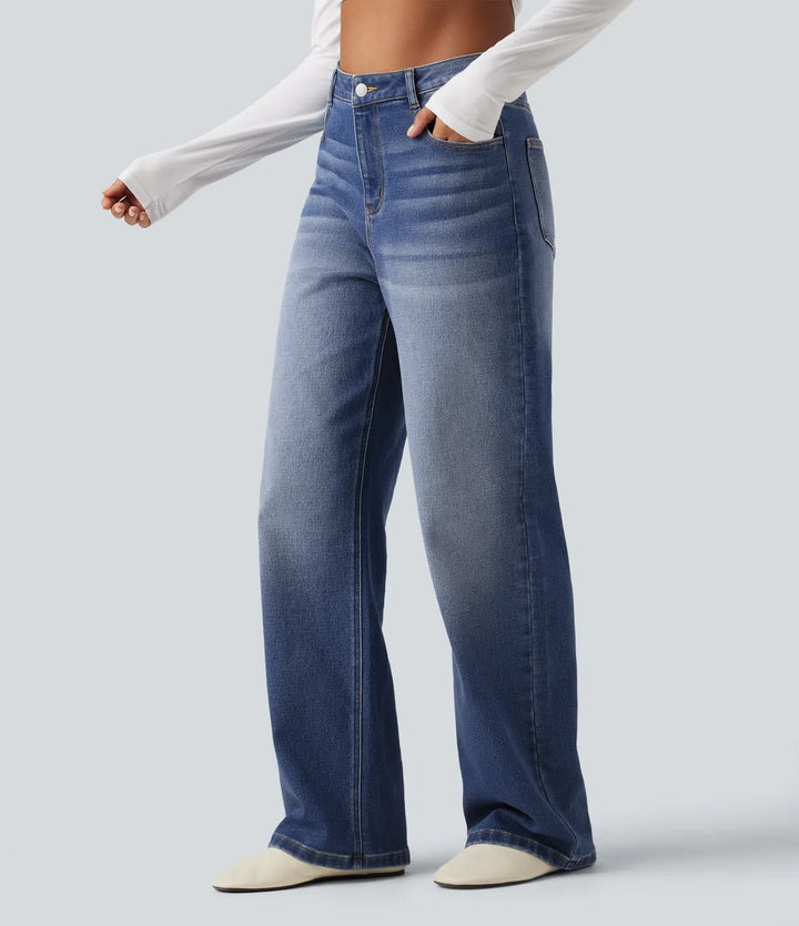 Med hög midja raka ben vardagsjeans med fickor