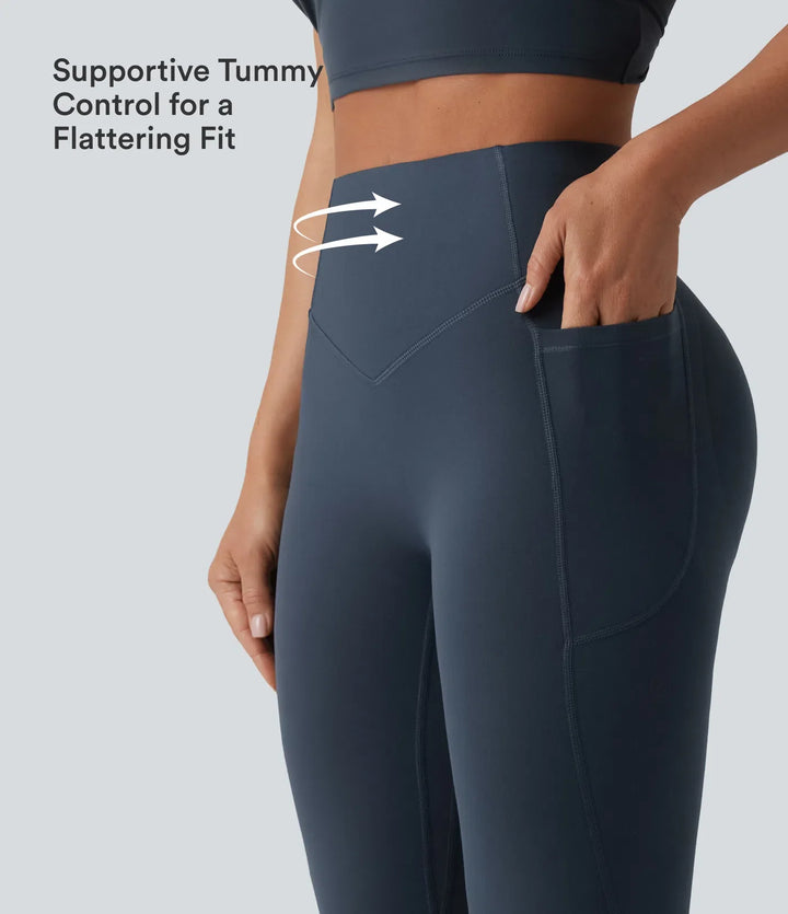 Lyckera UltraSculpt högmidjad scrunch med rumplyft magkontroll formande yoga utsvängd leggings med fickor