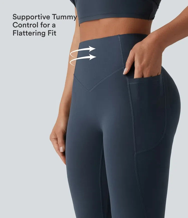 Halara UltraSculpt med hög midja scrunch-effekt rumplyftande magkontroll formande yoga utsvängd leggings med fickor