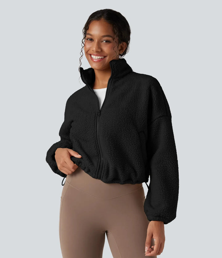 Hög hals långärmad dragkedja fleece träningsjacka med fickor