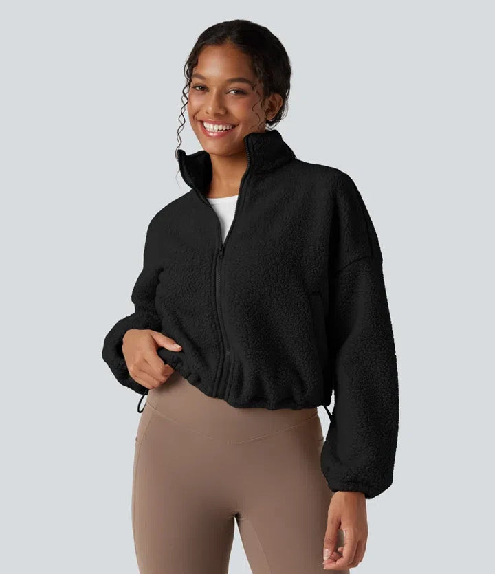 Hög hals långärmad dragkedja fleece träningsjacka med fickor