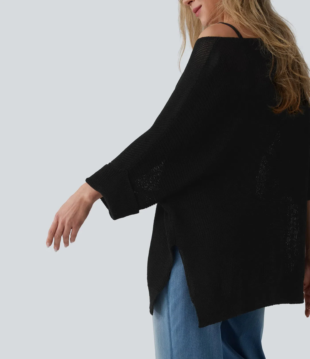 Enaxlad halvlång ärm slits fåll oversized vardaglig tröja med ficka
