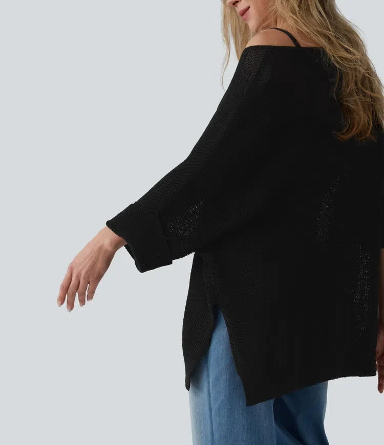 Enaxlad halvlång ärm slits fåll oversized vardaglig tröja med ficka