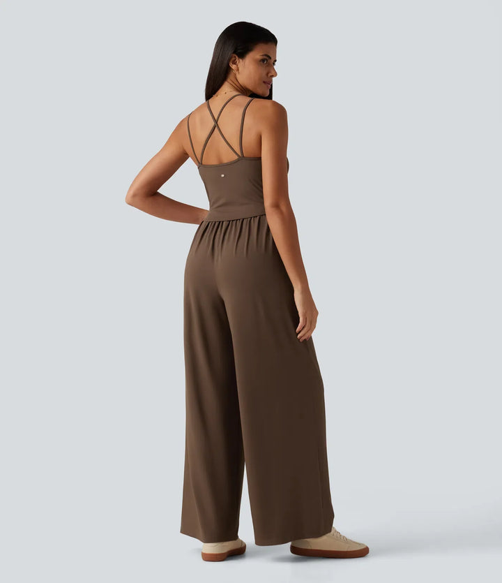 U-ringad ärmlös crossover inbyggd BH vida ben vardaglig jumpsuit med fickor--Easy Peezy