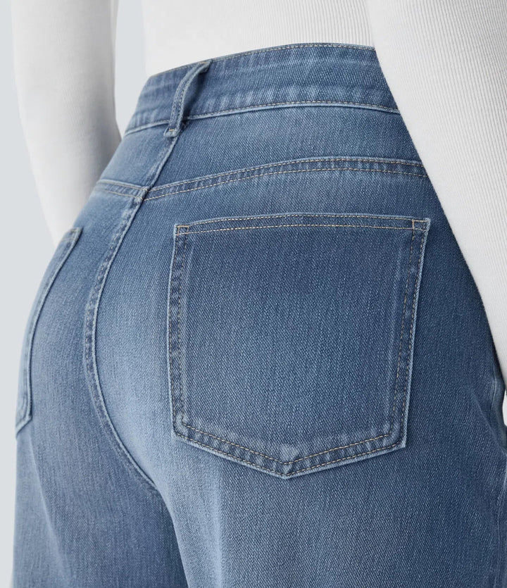 Lyckera Flex högmidjad fickor justerbar fåll vida ben tvättad vardagsjeans