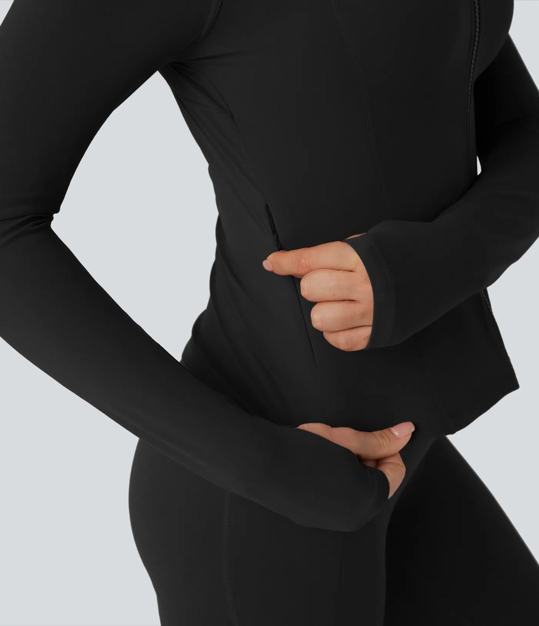 Lyckera UltraSculpt ståkrage långärmad tumhål yoga kurvig jacka med fickor