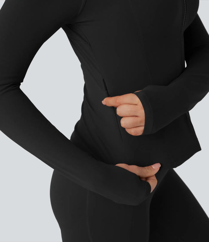 Lyckera UltraSculpt ståkrage långärmad tumhål yoga kurvig jacka med fickor