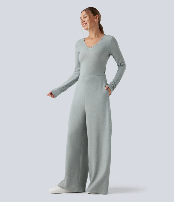 V-ringad långärmad vardaglig jumpsuit med fickor-Easy Peezy Edition