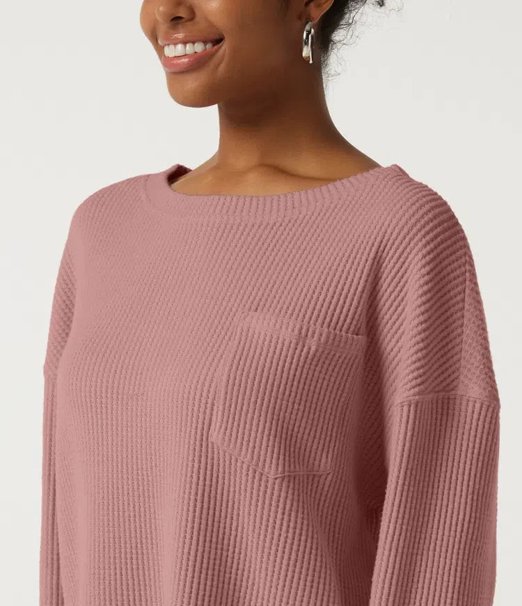 Rund hals långärmad nedhasad våffelstruktur vardaglig sweatshirt med ficka