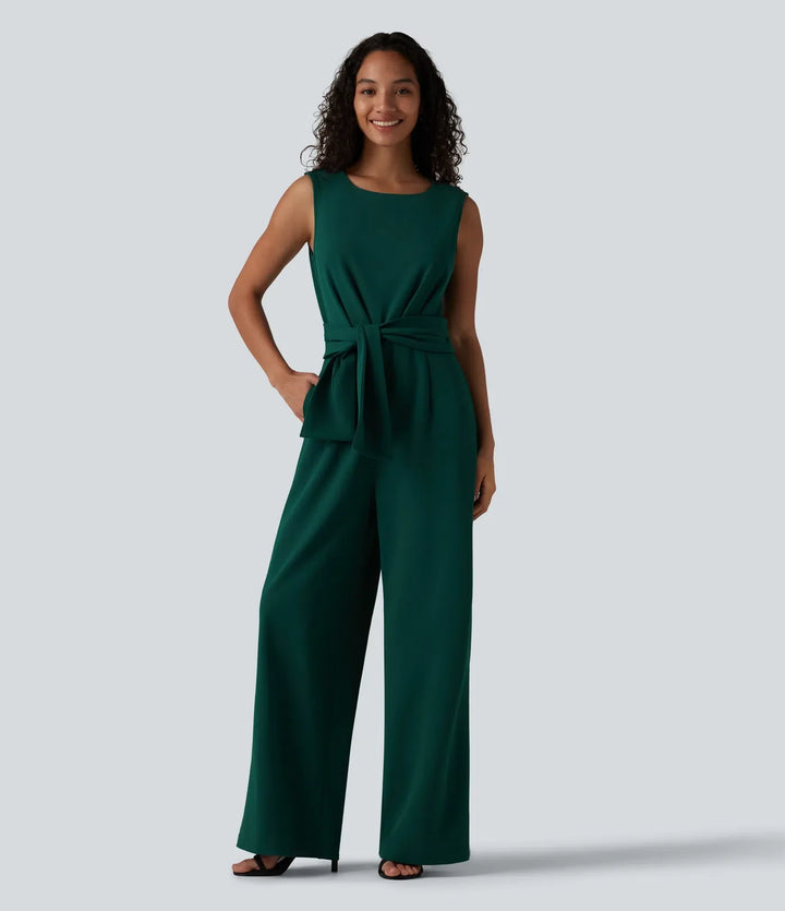 Skrynkeltålig båtringad ärmlös knytning i sidan arbetsjumpsuit med fickor-Easy Peezy