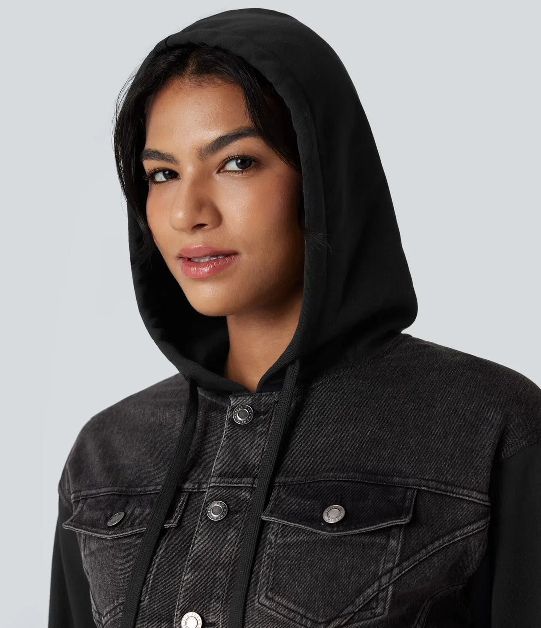 Lyckera Flex med huva dragsko långärmad Patchwork denim vardaglig jacka