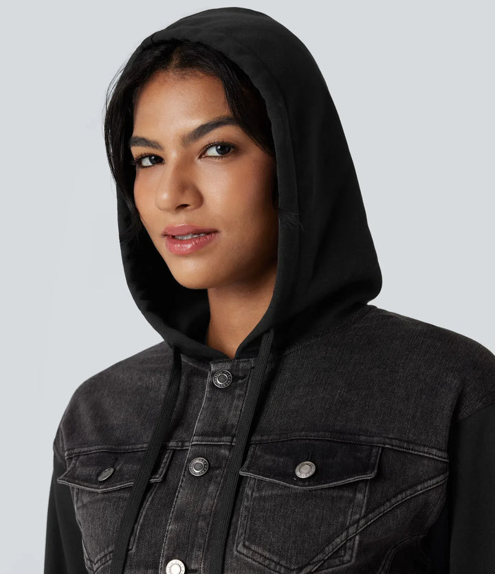 Lyckera Flex med huva dragsko långärmad Patchwork denim vardaglig jacka