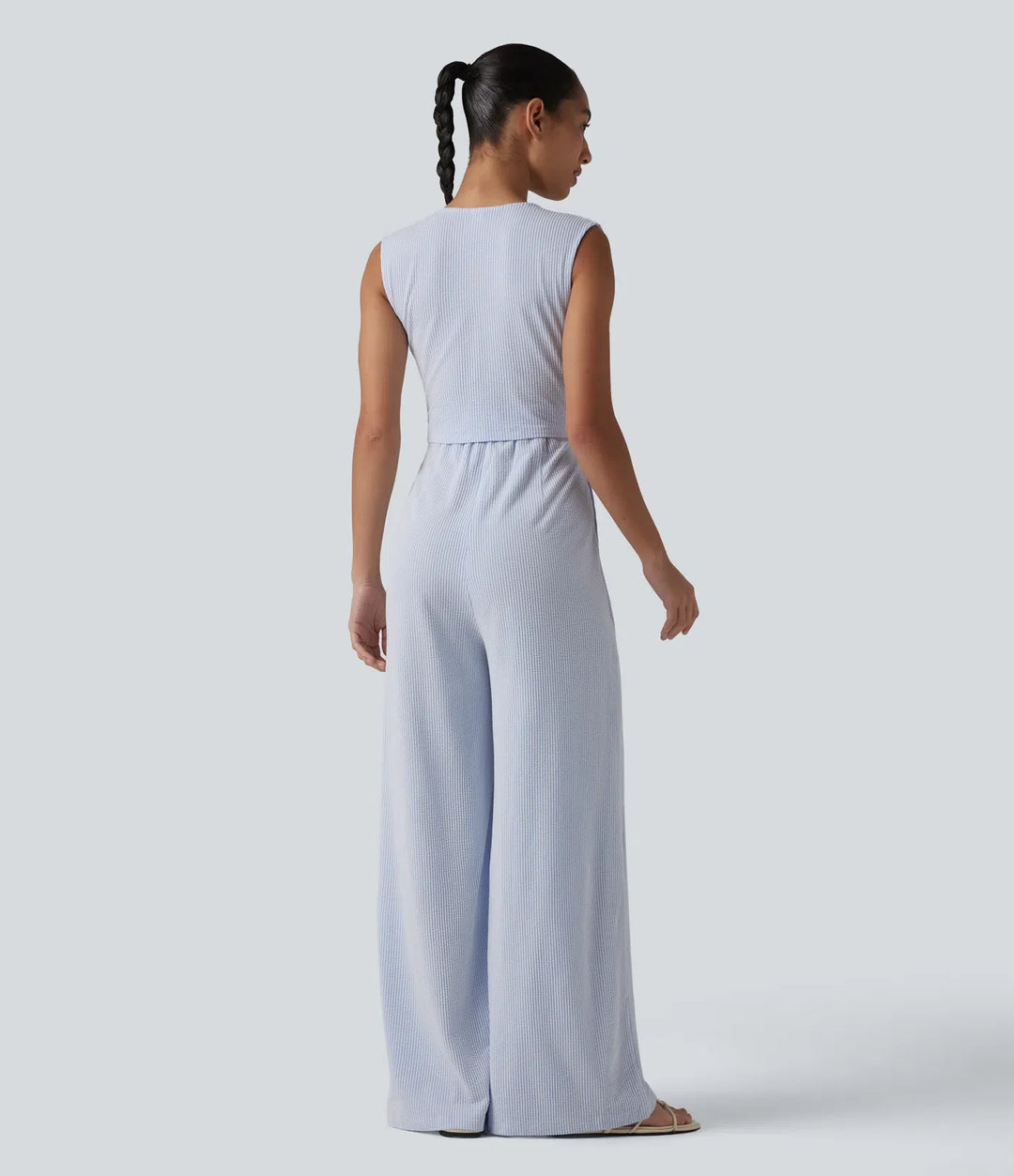 V-ringad ärmlös inbyggd BH randig vardaglig jumpsuit med fickor-Easy Peezy Edition