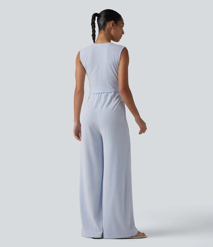 V-ringad ärmlös inbyggd BH randig vardaglig jumpsuit med fickor-Easy Peezy Edition