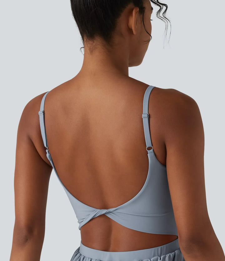 SoftlyZero luftig vriden rygglös justerbara axelband 2-i-1 inbyggd BH InstantCool yoga playsuit med ficka-Easy Peezy