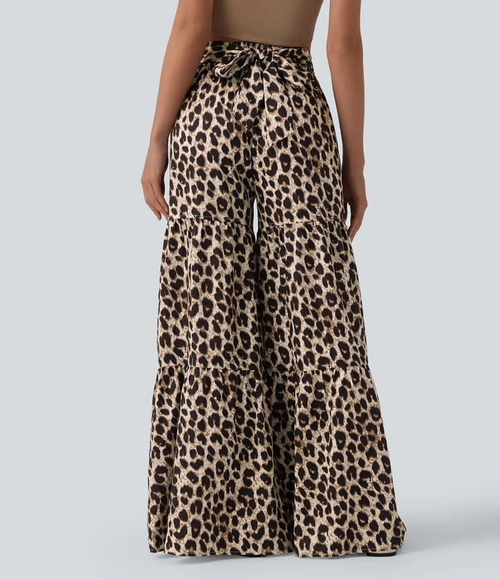 Medelhög midja knytning fram baggy leopardmönster vardagsbyxor med fickor