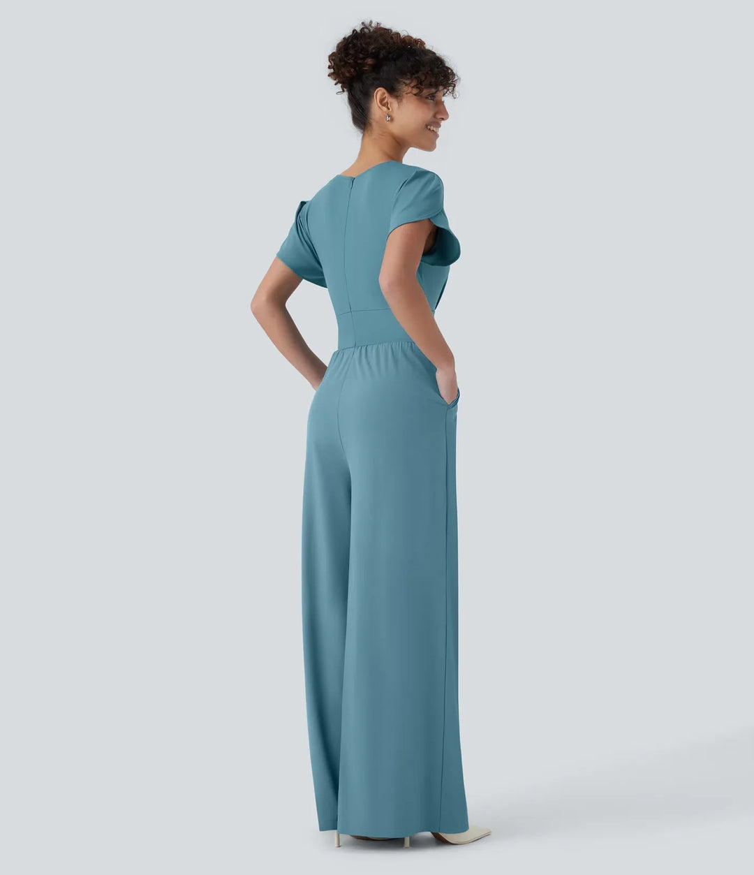 Breezeful V-ringad blombladsärm ficka vida ben fallande snabbtorkande arbetsjumpsuit