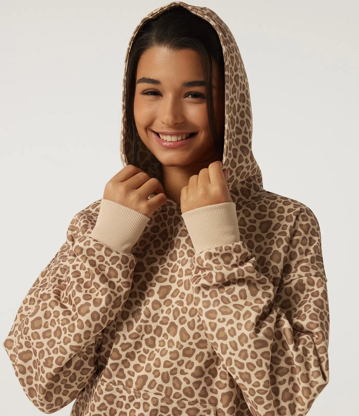 Med huva långärmad leopardmönster vardaglig sweatshirt med ficka