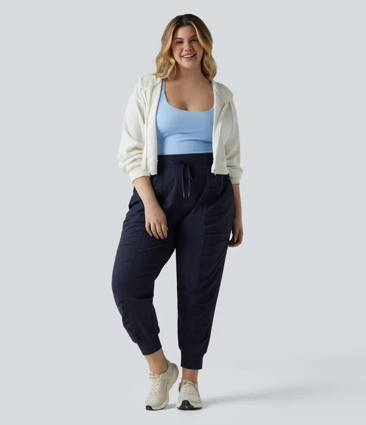 Plusstorlek med hög midja dragsko rynklad avsmalnande snabbtorkande InstantCool dans joggingbyxor med fickor – UPF40+