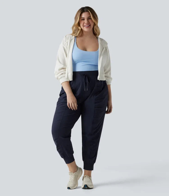 Plusstorlek med hög midja dragsko rynklad avsmalnande snabbtorkande InstantCool dans joggingbyxor med fickor – UPF40+
