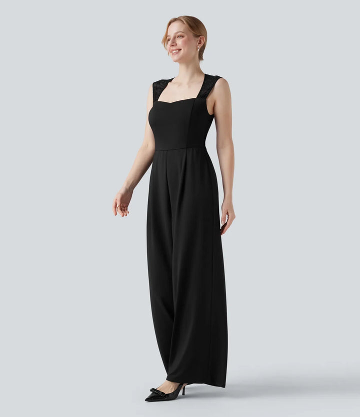 Fyrkantig halsringning ärmlös kontrastspets jumpsuit för brudtärna och bröllopsgäst med fickor-Easy Peezy