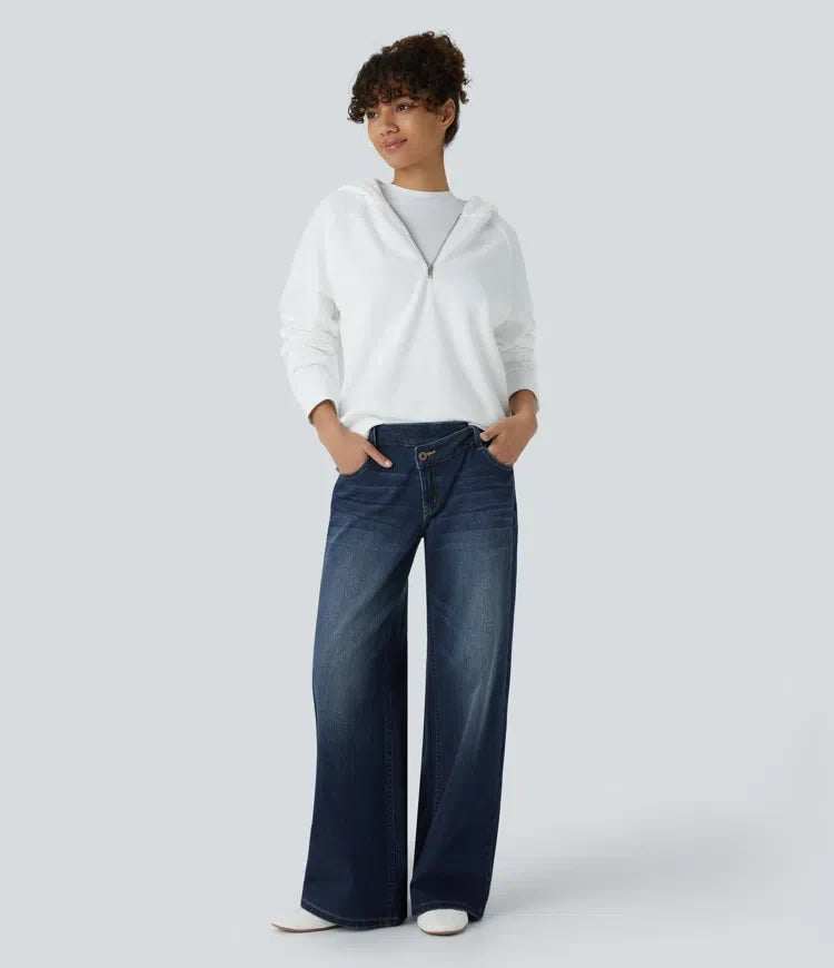 Halara Flex asymmetrisk med låg midja dragkedja fickor baggy vida ben tvättad vardagsjeans
