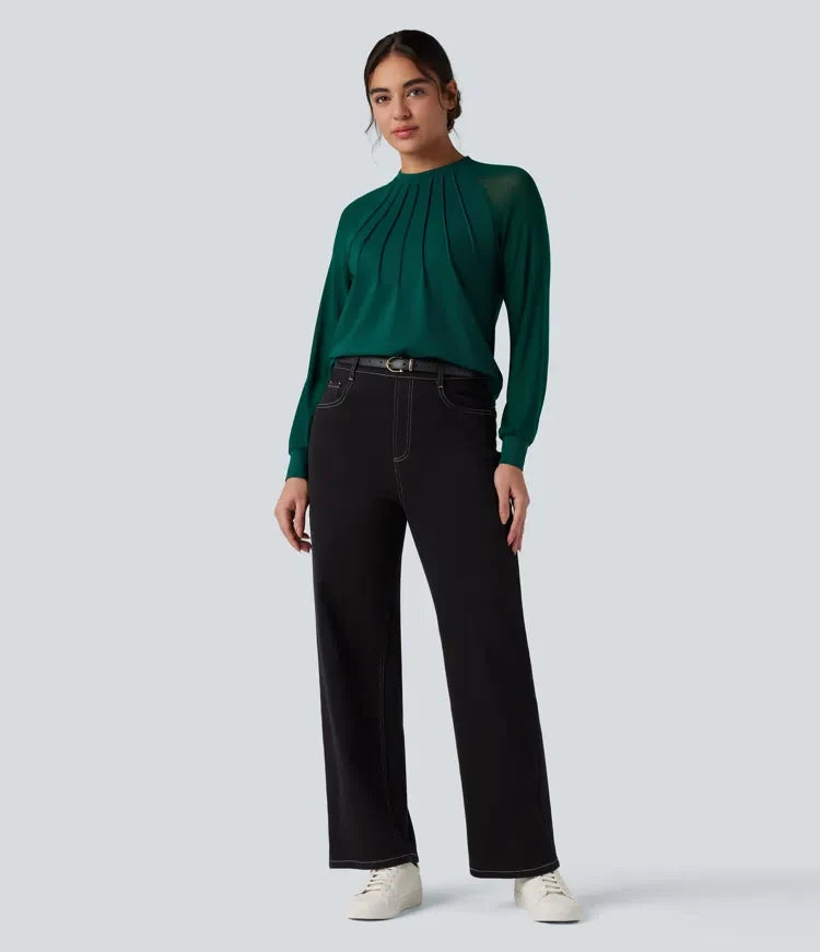Rund halsringning raglan långärmad kontrastmesh för vardag blus