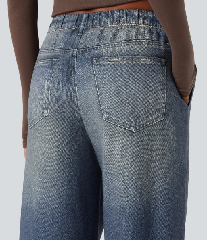 Med medelhög midja denim tryck French terry för vardag mjukisbyxor jeans med fickor