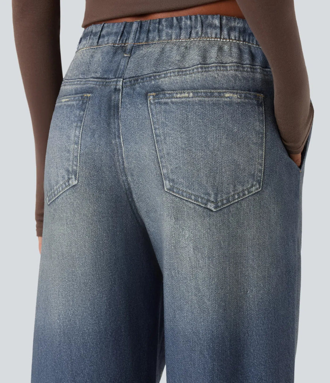 Medelhög midja denim mönster frotté vardaglig mjukisbyxor jeans med fickor