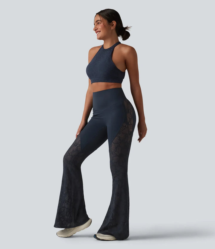 Halara UltraSculpt med hög midja och magkontroll kontrastspets yoga utsvängd leggings med fickor