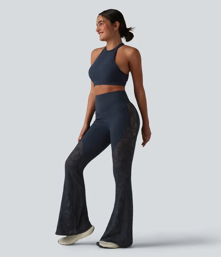 Halara UltraSculpt med hög midja och magkontroll kontrastspets yoga utsvängd leggings med fickor