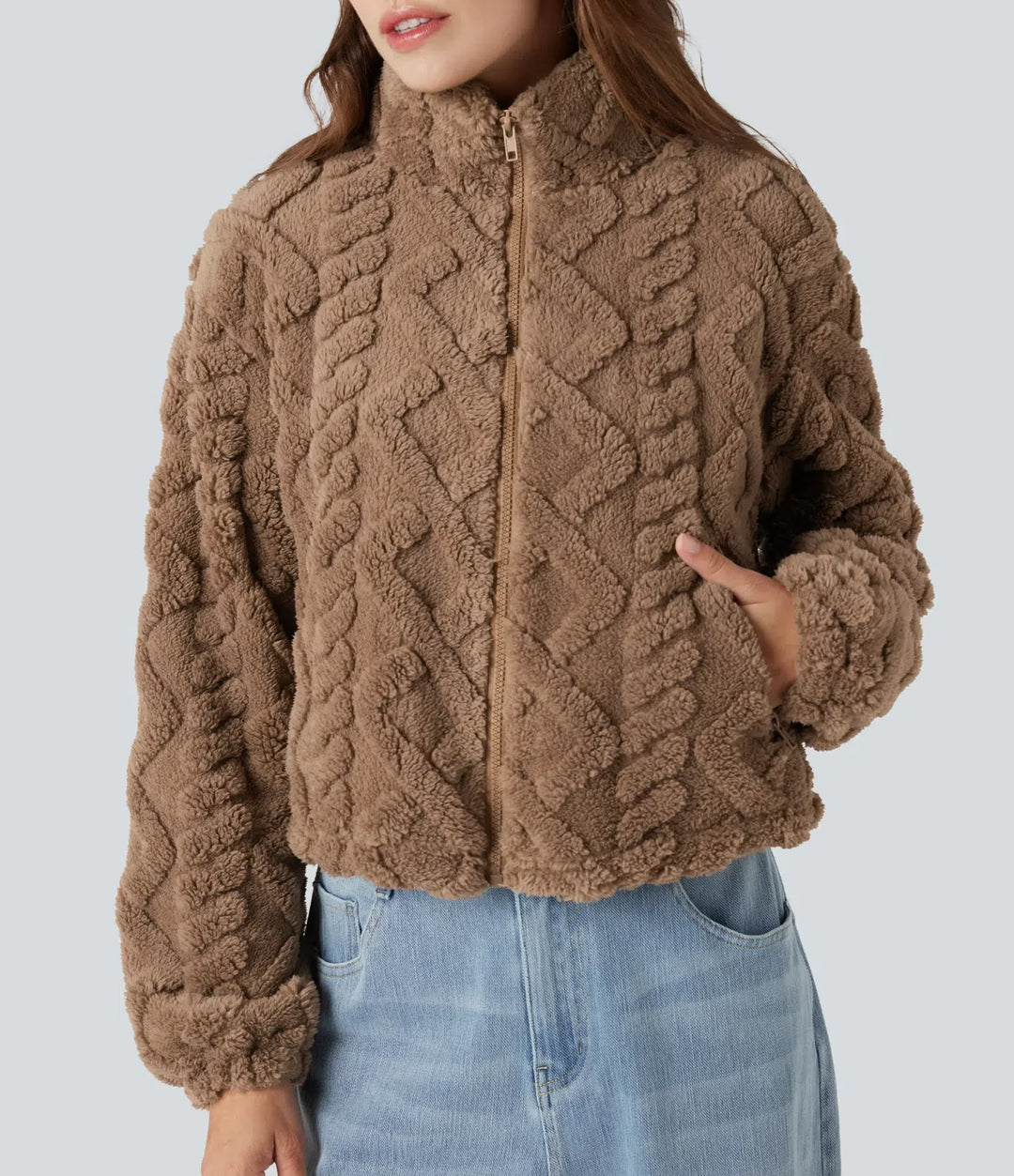 Hög hals dragkedjegylf vardaglig sherpajacka med fickor