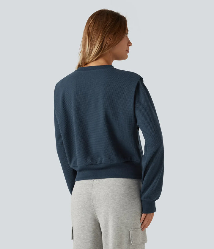 Rund hals långärmad våffelstruktur vardaglig sweatshirt