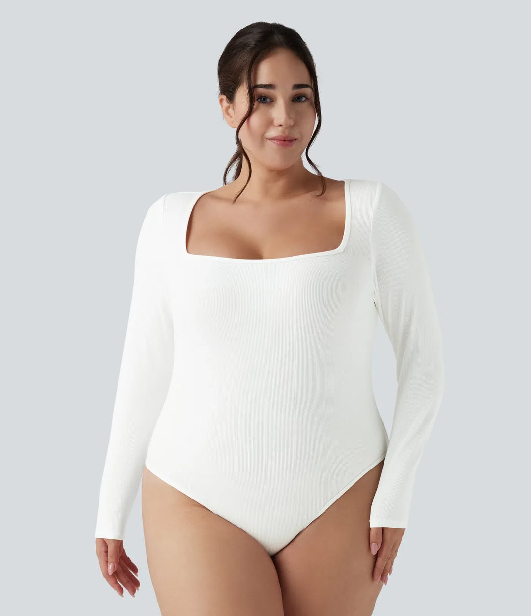 Ribbstickad fyrkantig halsringning långärmad smal för vardag plusstorlek body