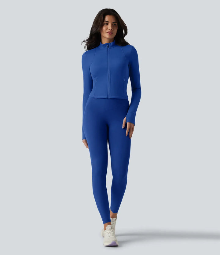 SoftlyZero mjuk plysch ståkrage långärmad tumhål vriden rygg andningsbar mesh yogajacka med fickor