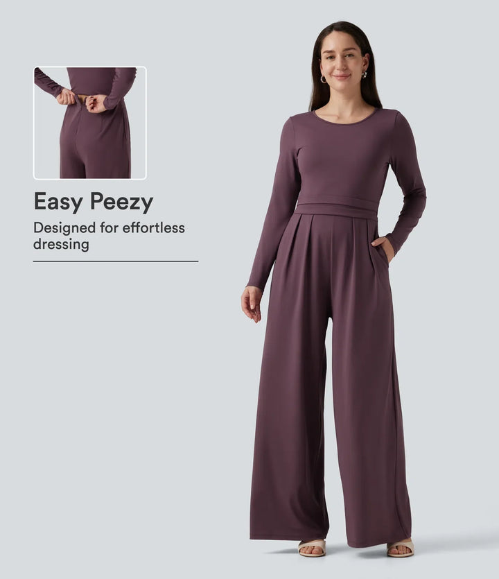 Rund hals långärmad vida ben vardaglig jumpsuit med fickor-Easy Peezy Edition
