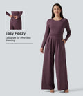 Rund hals långärmad vida ben vardaglig jumpsuit med fickor-Easy Peezy Edition