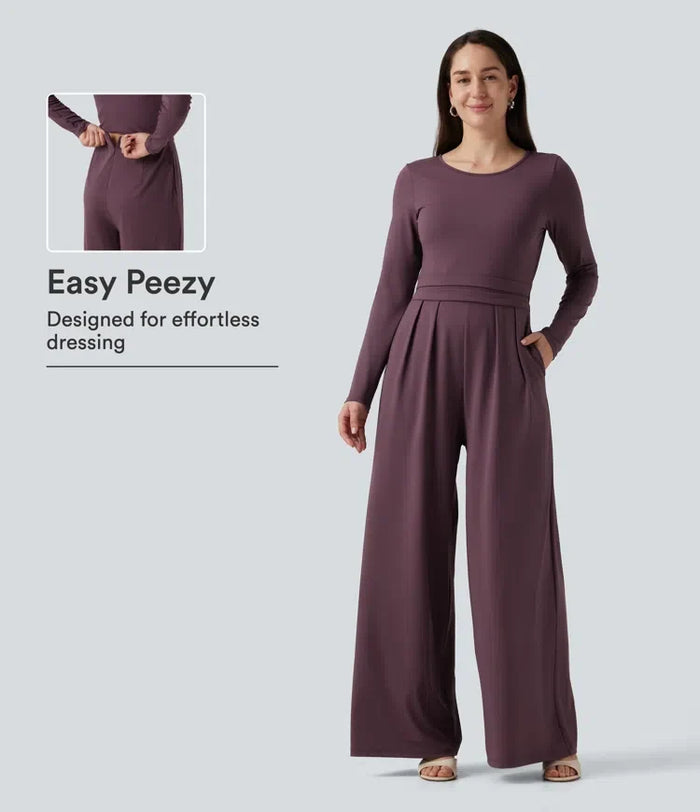Rund hals långärmad vida ben vardaglig jumpsuit med fickor-Easy Peezy Edition