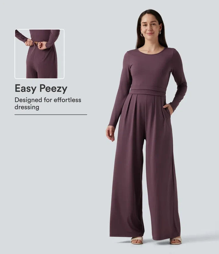 Rund hals långärmad vida ben vardaglig jumpsuit med fickor-Easy Peezy Edition