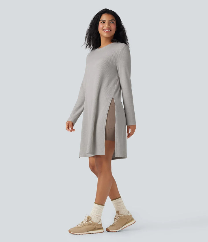 Rund hals långärmad lång modell våffelstruktur stickad vardaglig sweatshirt