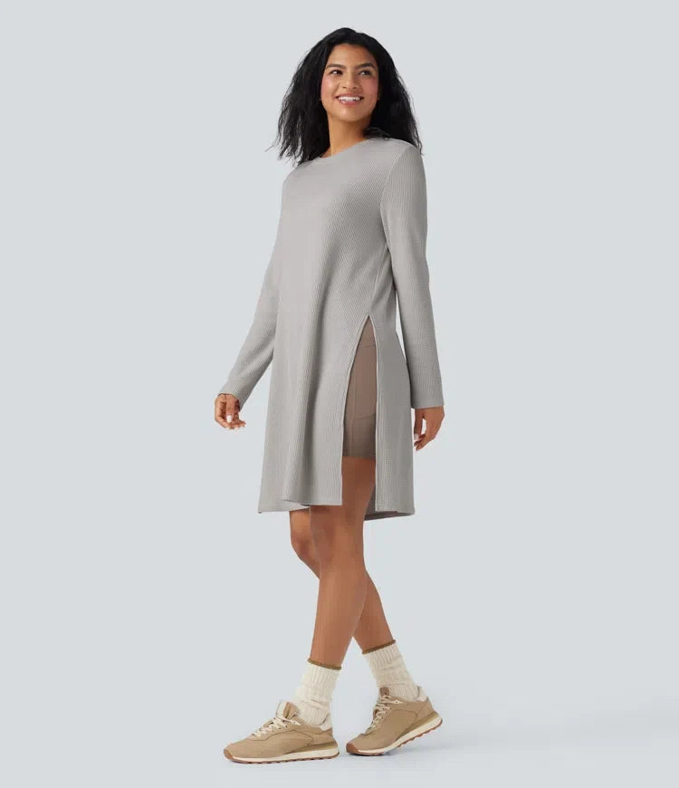Rund hals långärmad lång modell våffelstruktur stickad vardaglig sweatshirt