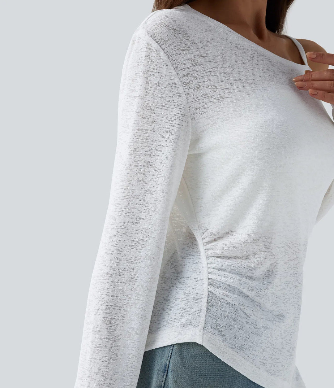 Halvtransparent enaxlad långärmad asymmetrisk fåll T-shirt för vardag