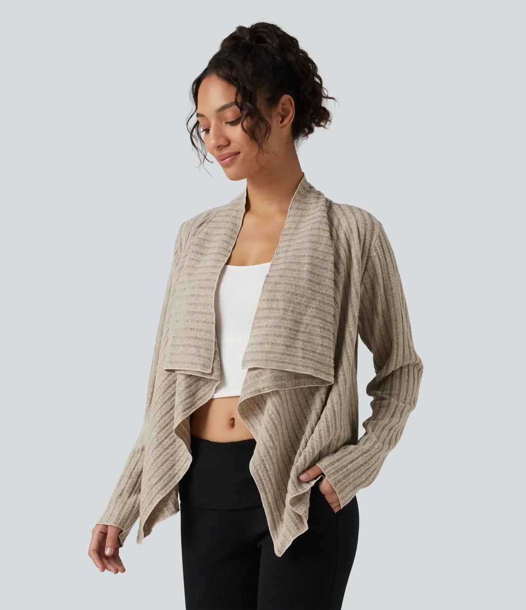 Ribbstickad med krage öppen front långärmad vardaglig cardigan