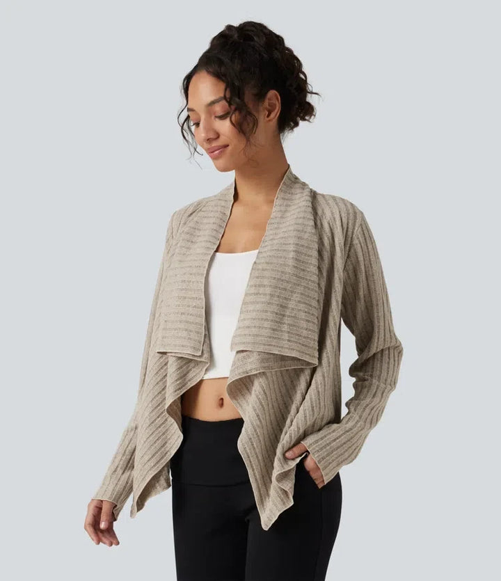 Ribbstickad med krage öppen front långärmad vardaglig cardigan