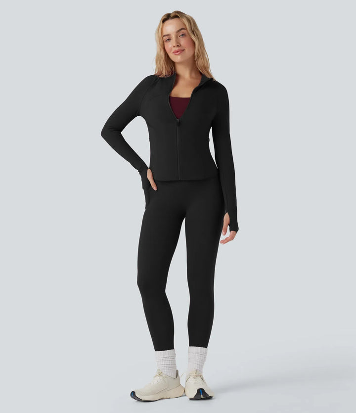 Lyckera UltraSculpt ståkrage långärmad tumhål yoga kurvig jacka med fickor