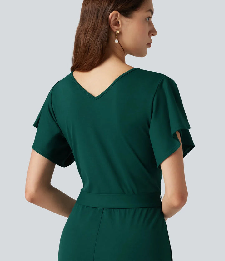 V-ringad kortärmad knytning i sidan baggy vardaglig jumpsuit med fickor-Easy Peezy Edition