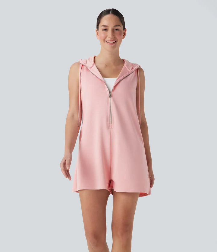 Med huva ärmlös dragkedja vardaglig jumpsuit med fickor