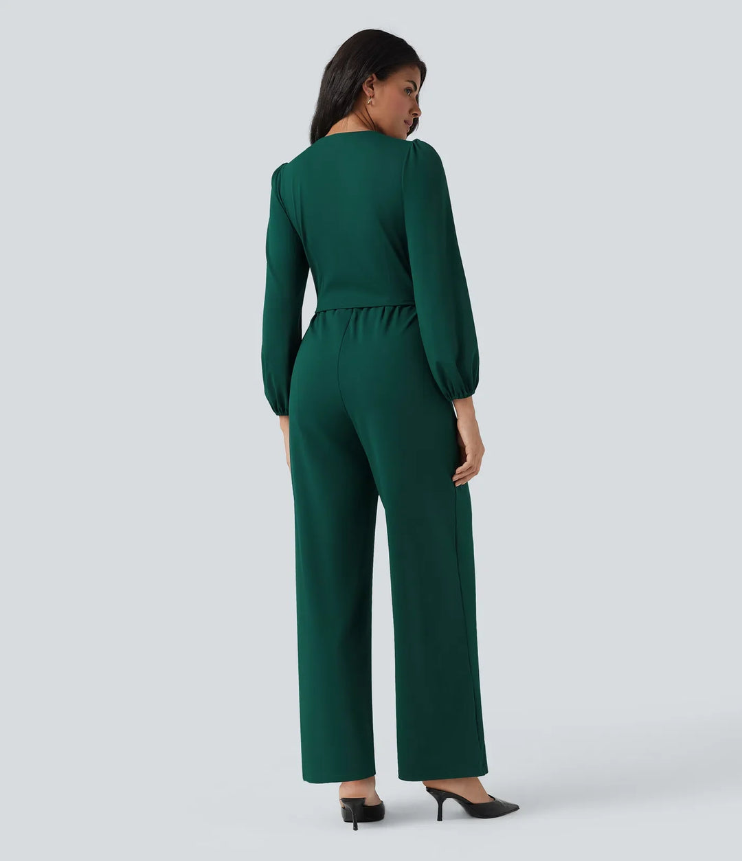 V-ringad långärmad vida ben arbetsjumpsuit med fickor-Easy Peezy Edition