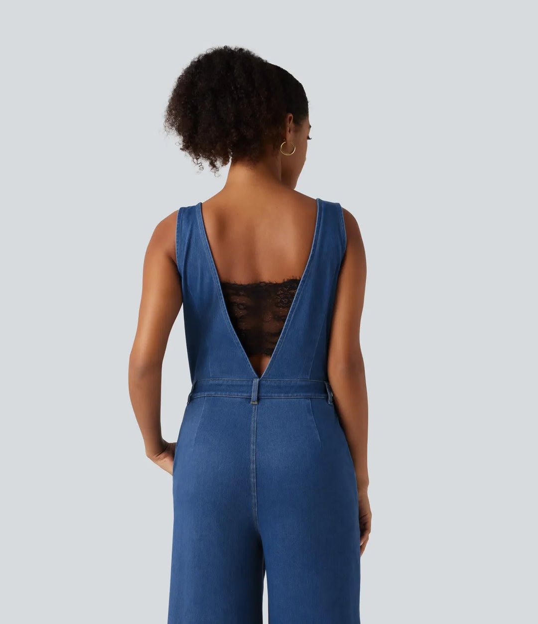 Lyckera Flex V-ringad vida ben denim vardaglig jumpsuit med fickor